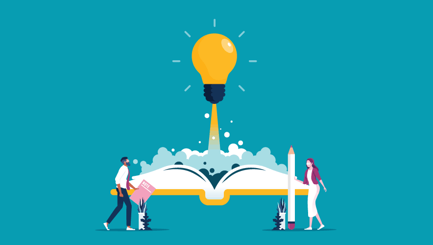 Illustration of a man and a woman standing near a giant, open book. A lightbulb launches from the open book's pages.