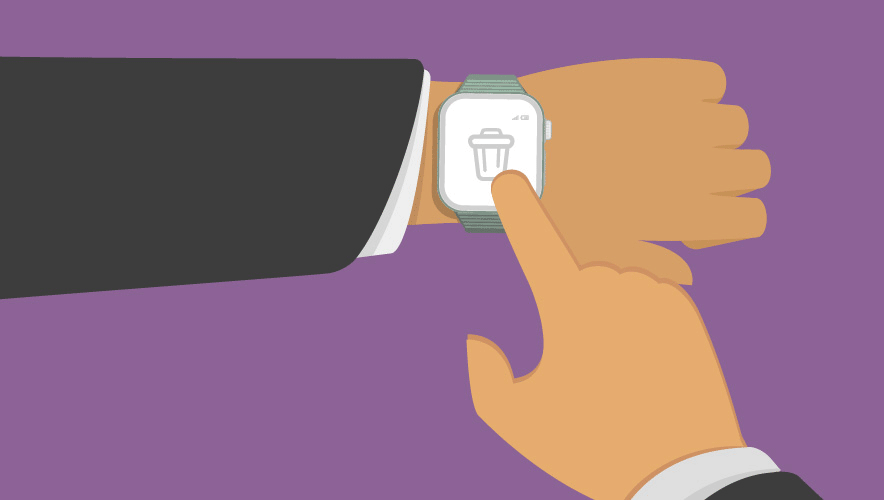 Illustration of a hand reaching out to touch a trashcan icon on a smartphone device.