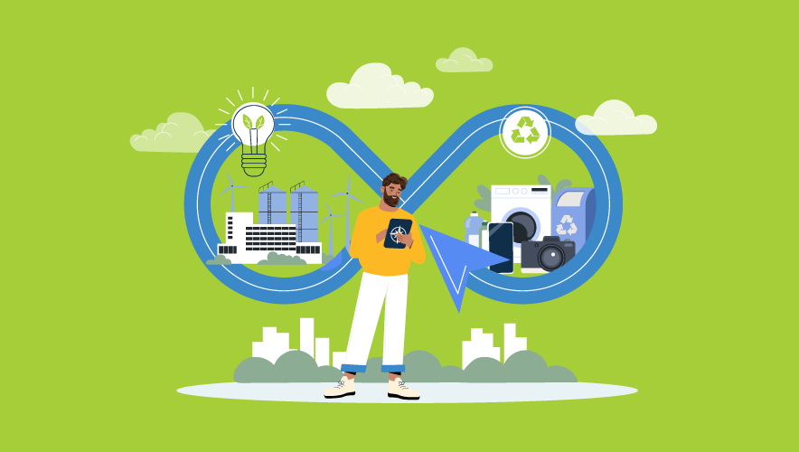 Sustainability compass -- business man works with his tablet and is becoming more sustainable in his practice