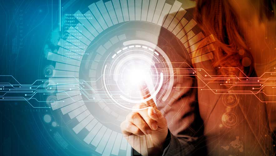 Woman puts index finger on a circular-futuristic digital pattern. Interconnected circuits extend from opposite sides of the photo illustration.