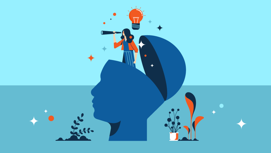 Illustration of a security manager peering out of the top of a blue head, The manager is looking through a telescope and has an orange light bulb near her head.  How can availability first protect assets?
