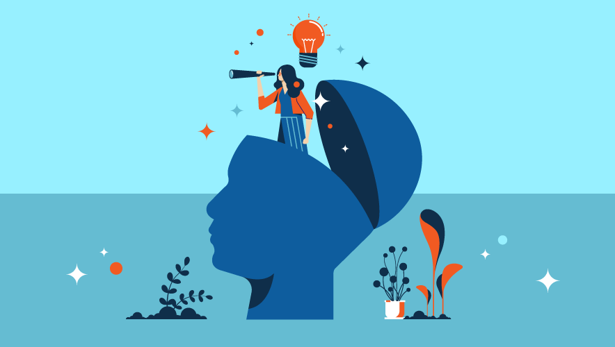 Illustration of a security manager peering out of the top of a blue head, The manager is looking through a telescope and has an orange light bulb near her head. How can availability first protect assets?