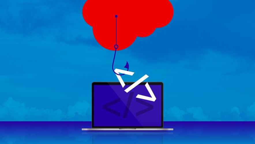 Illustration of a phish hook ascending from a red cloud to steal a html code from a laptop. How can you prevent your Security-as-a-Service Applications  from being hacked?