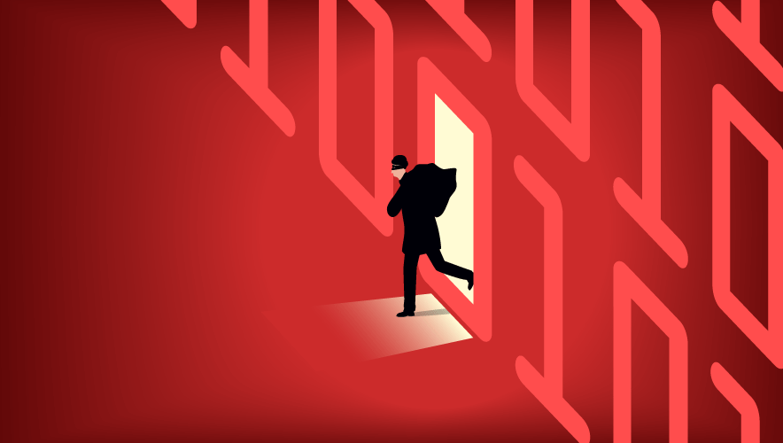 Illustration of a man striding through a door in the shape of a 0 along a red wall of binary code. What you need to know about Log4Shell.