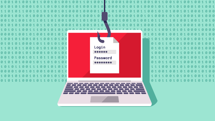 Illustration of a phishing hook hooks login and password credentials from a laptop with a red screen. 