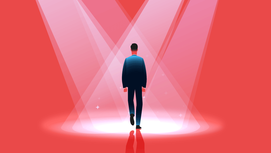 Executive protection guard wearing a dark suit with his back turned walking away with spotlights shining down on him on a bright red background.