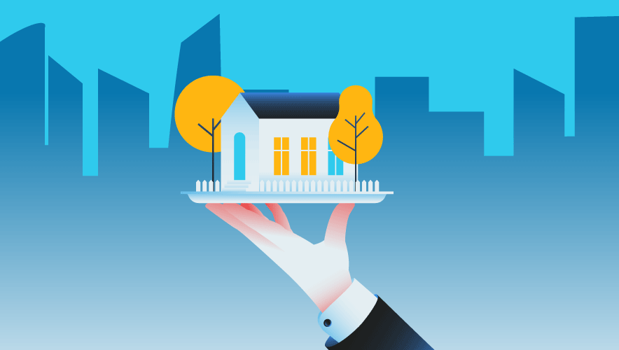 Illustration of a hand holding a quaint white family-office building sitting on a plate platter with a faint blue skyline in the background. 