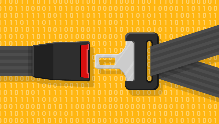 Illustration of a seat belt buckling on a bright yellow background with screened-back  lines of binary code .