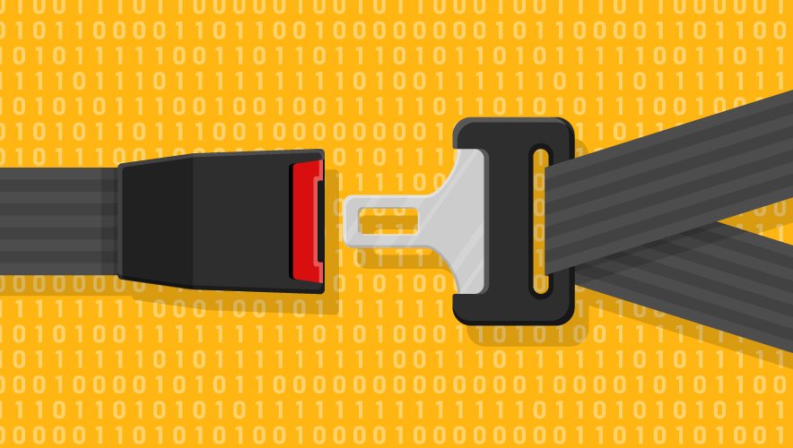 Illustration of a seat belt buckling on a bright yellow background with screened-back lines of binary code .