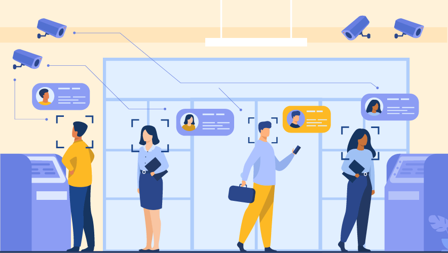 Illustration of people entering an office space, with cameras and access control booths on either side of the room. 