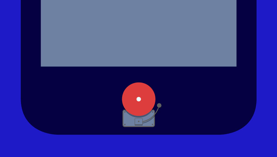 Illustration of the bottom of black smart phone on a dark blue background. There is a red fire alarm bell hanging from the bottom of the phone in place of a button.