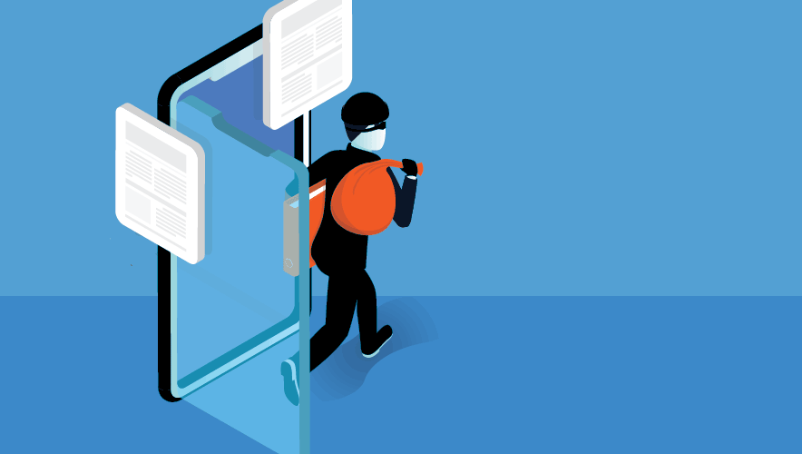 Illustration of a theif, dressed in black stealing a back of money and a binder of data from a smart phone. The smart phone has a glass door and its open. 