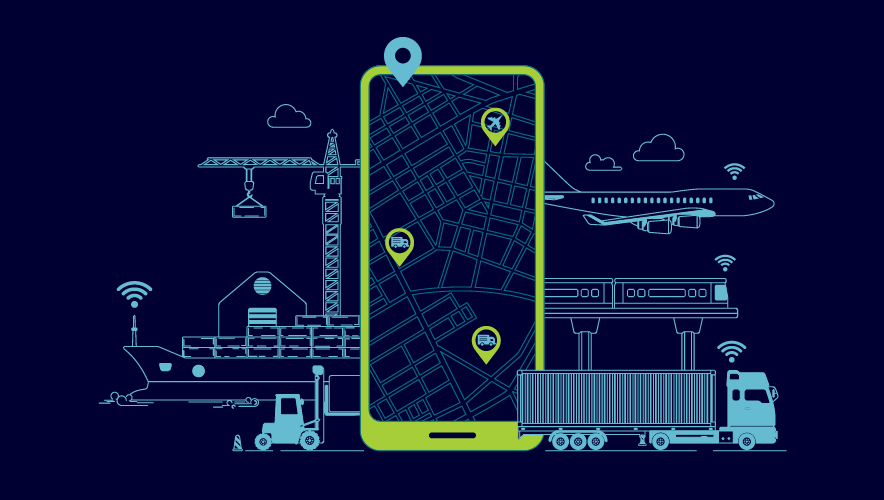 Line art outline of a green smart phone with a map containing four pins. Blue supply chain concepts: boats, planes, trucks circle the phone on a dark blue background. 