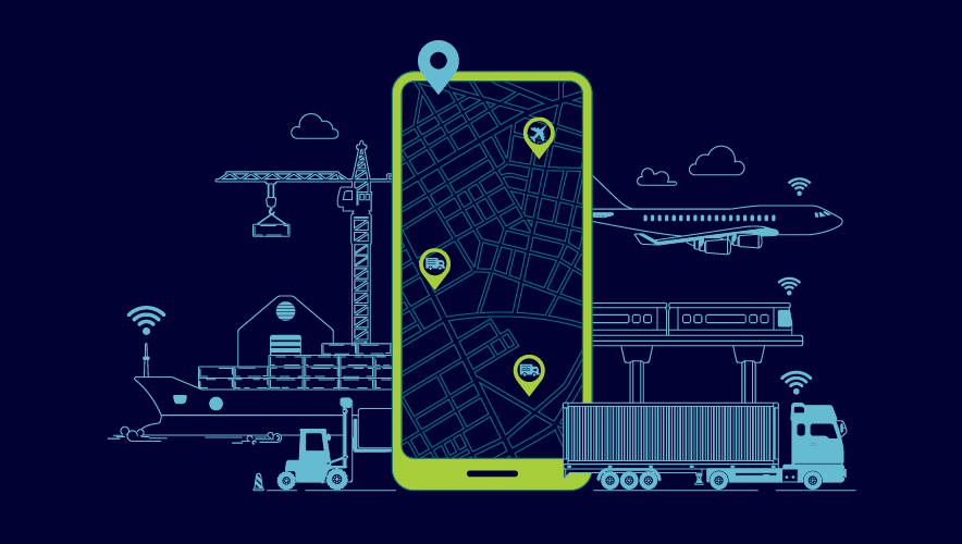 Line art outline of a green smart phone with a map containing four pins. Blue supply chain concepts: boats, planes, trucks circle the phone on a dark blue background.
