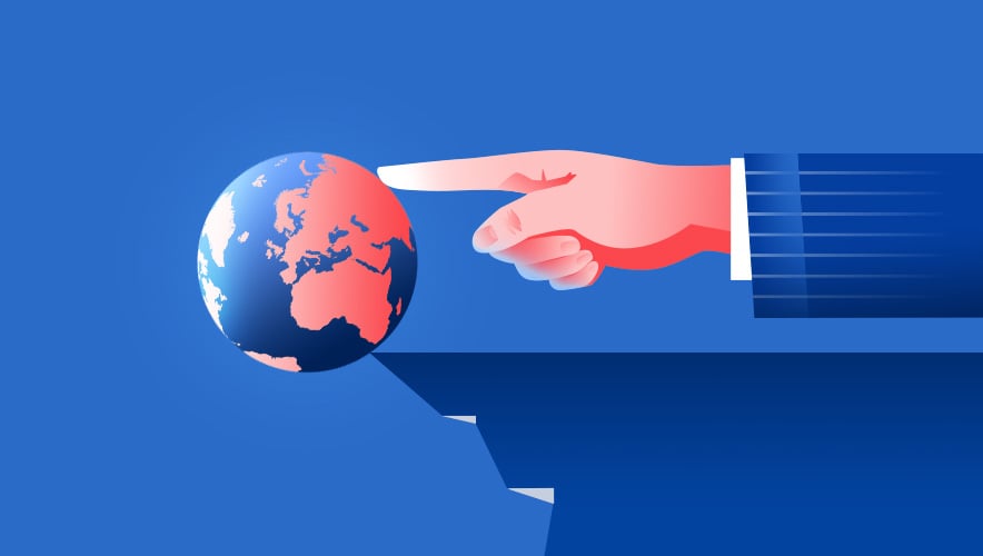 Illustration of a hand pushing a globe off a cliff.