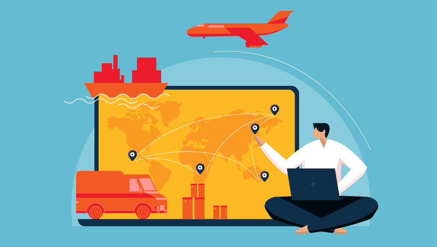 Illustration of a man on seated near a large laptop with supply elements: boats, plane, truck, circling near the screen. 