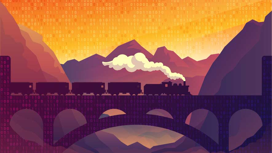 Illustration of a train on a bridge during sunset. The bridge and the sky are made of binary code.