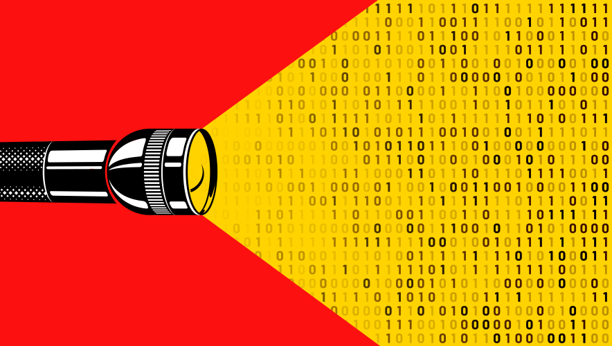 Illustration of a black flashlight on a red background shining a yellow light which is illuminating binary code.