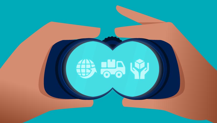 Illustration of a pair of hands holding dark blue binocular. Threw the viewer are icons of a globe, truck and hands receiving a package on a teal background
