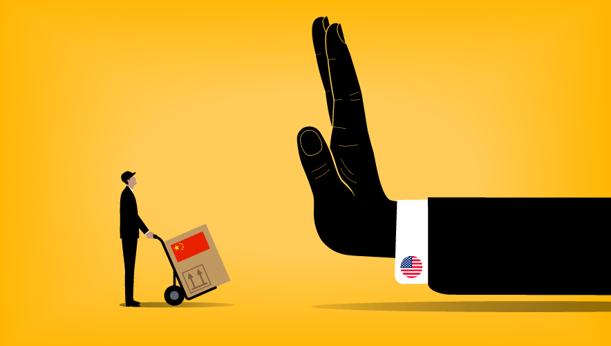 Illustration of a giant hand with a USA cufflink stopping a delivery man carrying a box with the Chinese flag on it. 