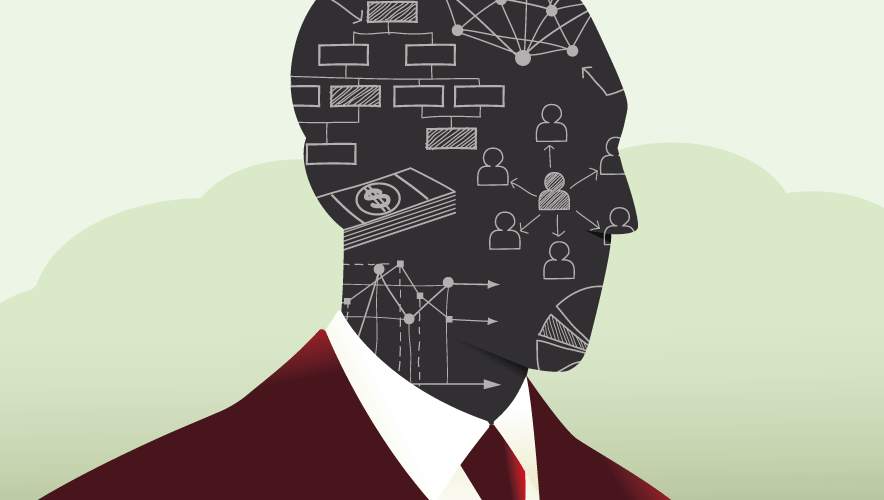 Illustration of a man in a suit, his face is obscured with charts and graphs covering it as though it was a blackboard. 
