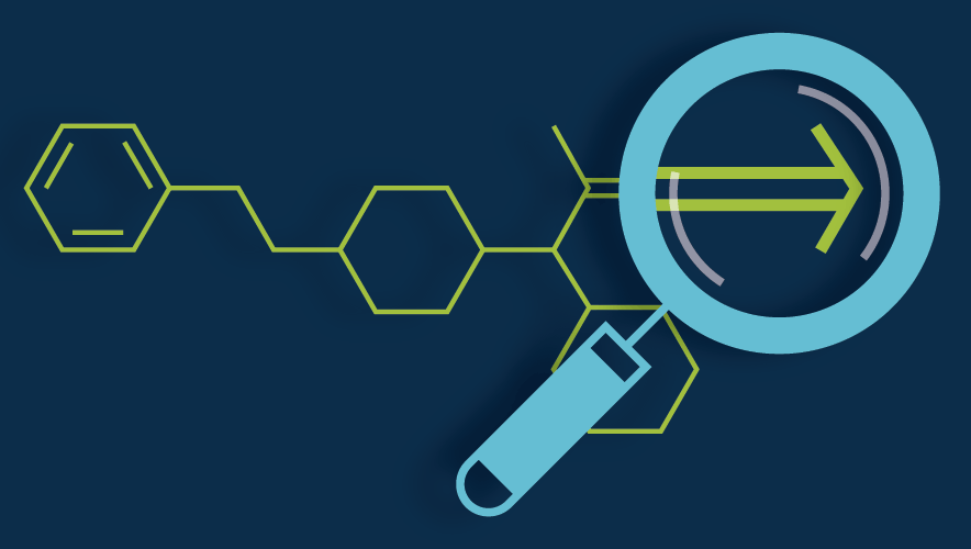 illustration of a Fentanyl chemical compound with an arrow at the end being magnified with a magnifier