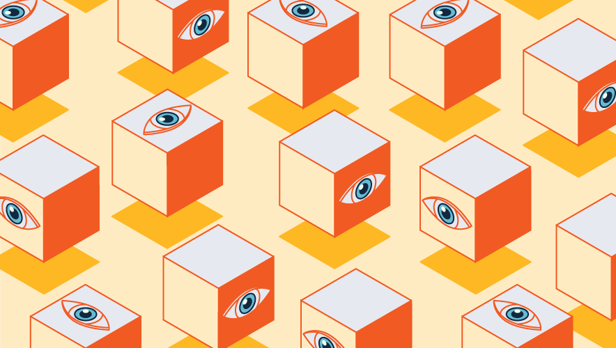 Illustration of cubes in a repeating pattern. Each cube in the pattern has an eye looking out from a different side of the cube face.