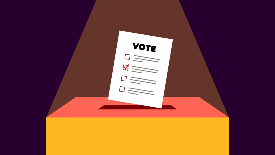 Illustration of a voting ballot going into a ballot box, with dramatic overhead lighting.