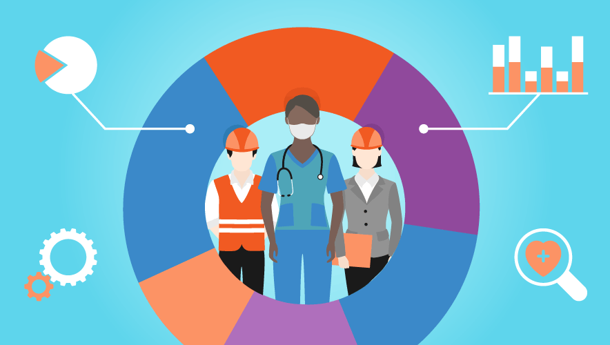 Healthcare and construction workers surrounded by analytics-themed graphics on a pie chart. Various hues of blue, orange, and purple segment the chart, while icons such as another pie chart, a bar chart, gears, and a magnifying glass adorn it. Set against a light cyan background.