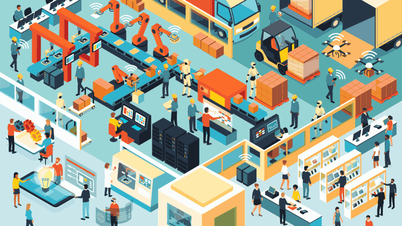 An illustration of a factory space, with robots, drones, and machinery working along an assembly line.
