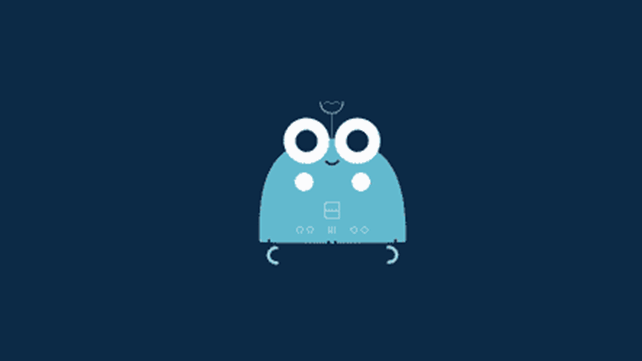 Animated blue cartoon robot on dark blue background with tools popping out like a Swiss army knife