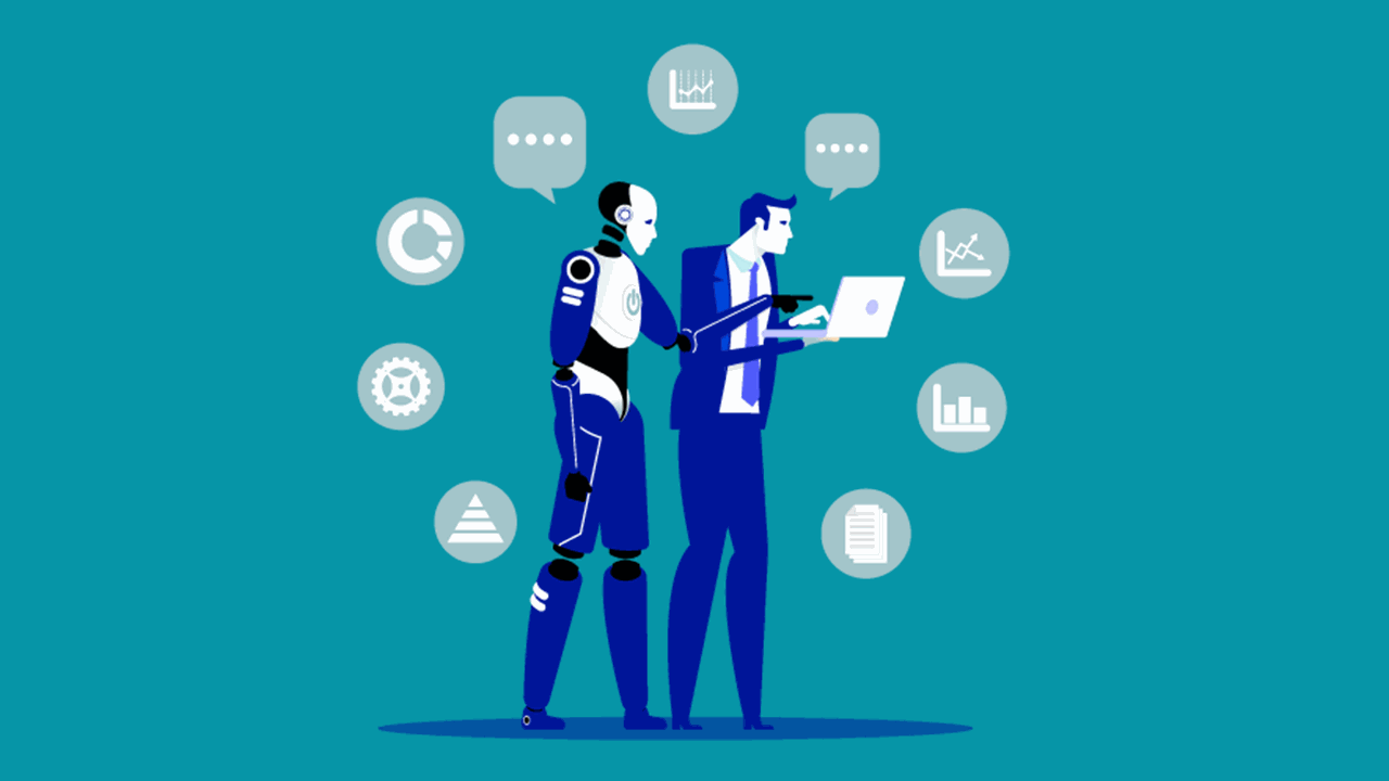 An illustration of a man holding a computer, a humanoid robot is standing next to him and pointing to the screen. Icons float around them representing business and security.