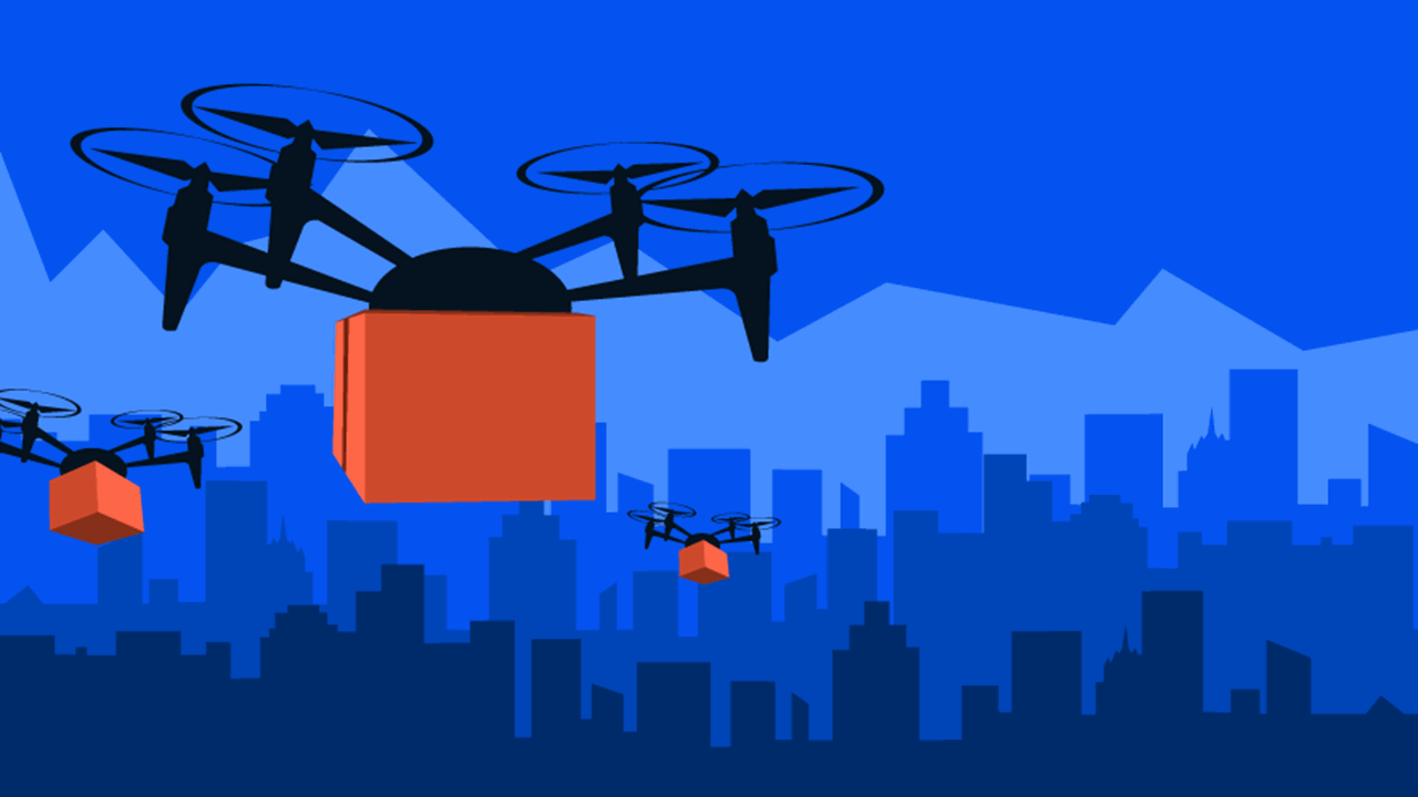 An illustration of three drones in the air. Each drone carries a red, mysterious package as it flies over the silhouette of a city.