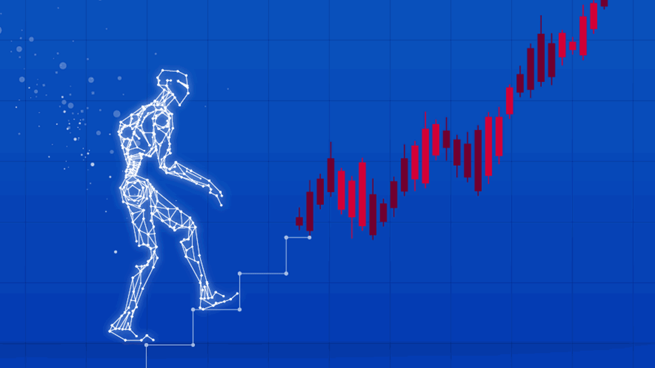 Line drawing of a robot climbing stairs that turn into red line graphic analytics at the top, set on a dark blue background.