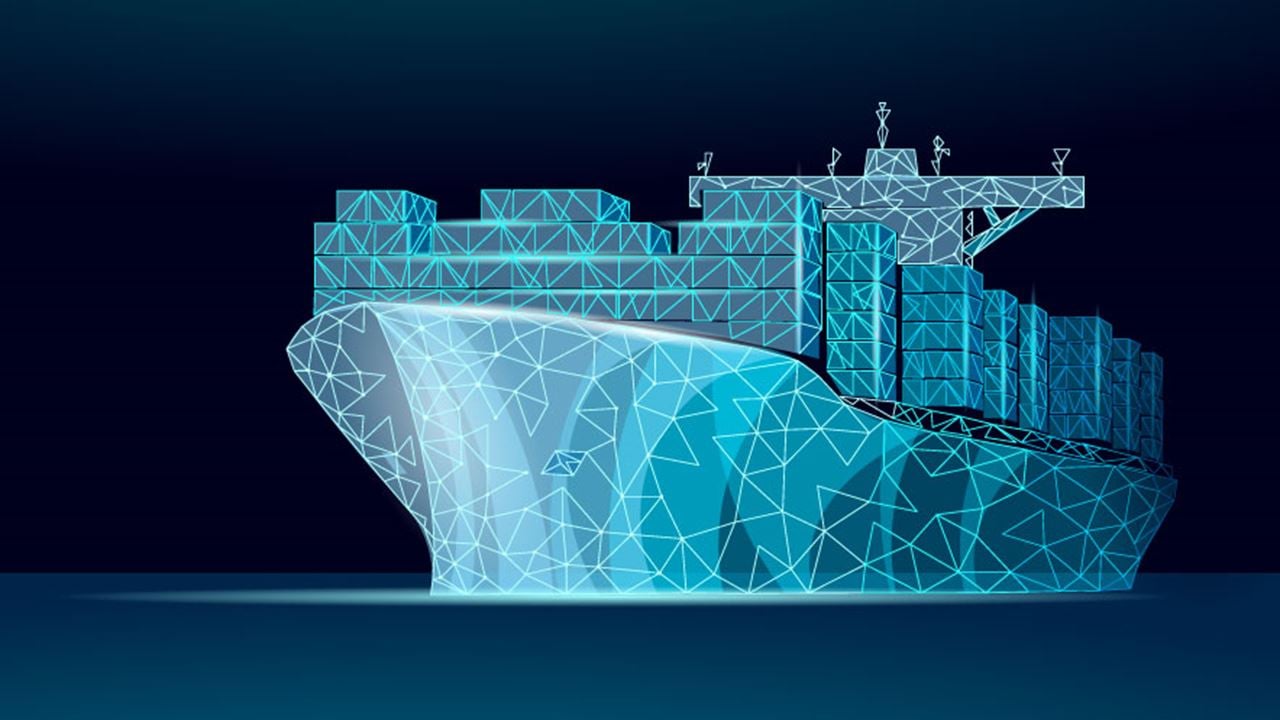 Illustraton of a cargo ship outlines in blue and white cyber dots and lines