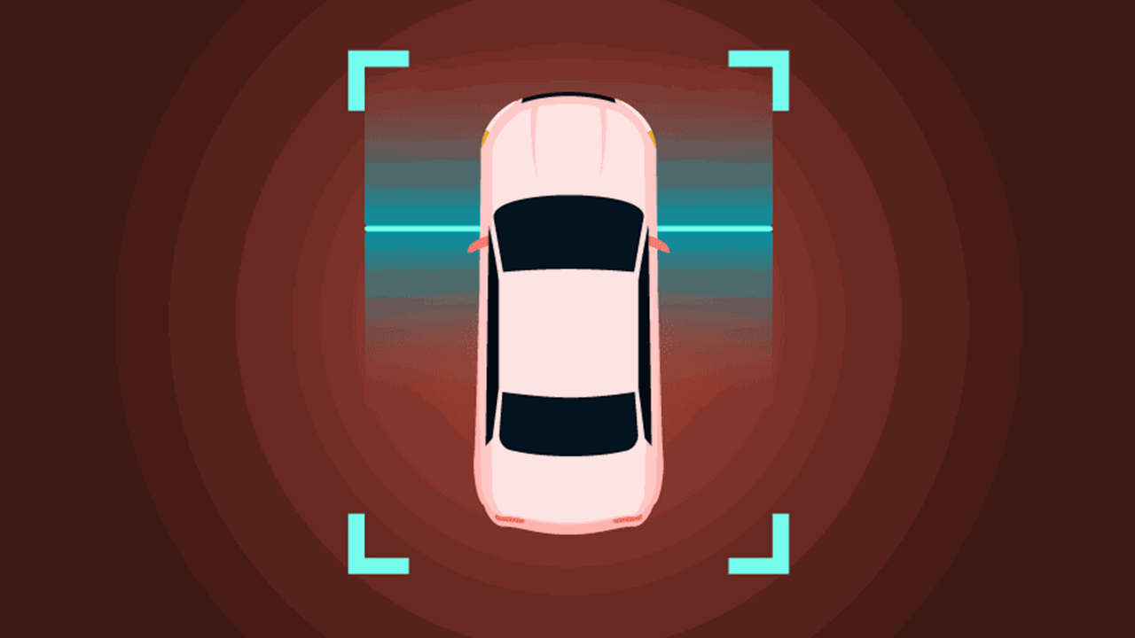Illustration of a car centered on a scanning screen, a scanner bar moves beneath it.