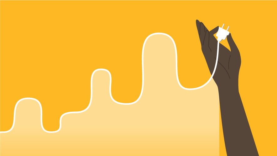 An illustration of a hand is holding an electrical plug. The wire from the plug goes up and down like statistical points on a graph.