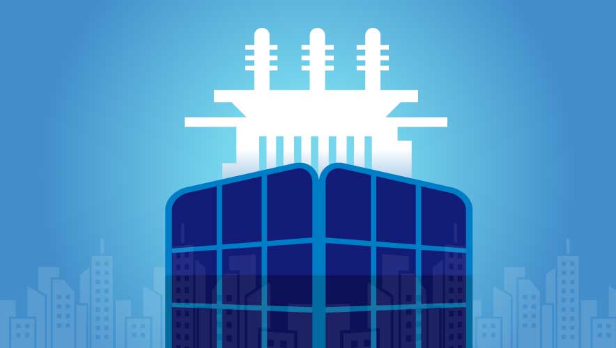 Illustration of blue panels in the shape of a cubes surrounding a white, minimalist-looking substation. A cityscape is reflecting off the panels. The background is sky blue.  