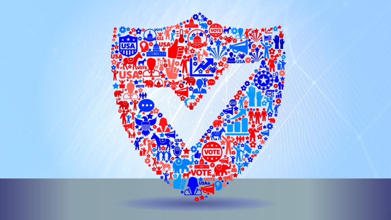 Red and blue election icons create a shield with missing icons creating a check mark in the middle on a light blueish background with an abstract technology waves behind.