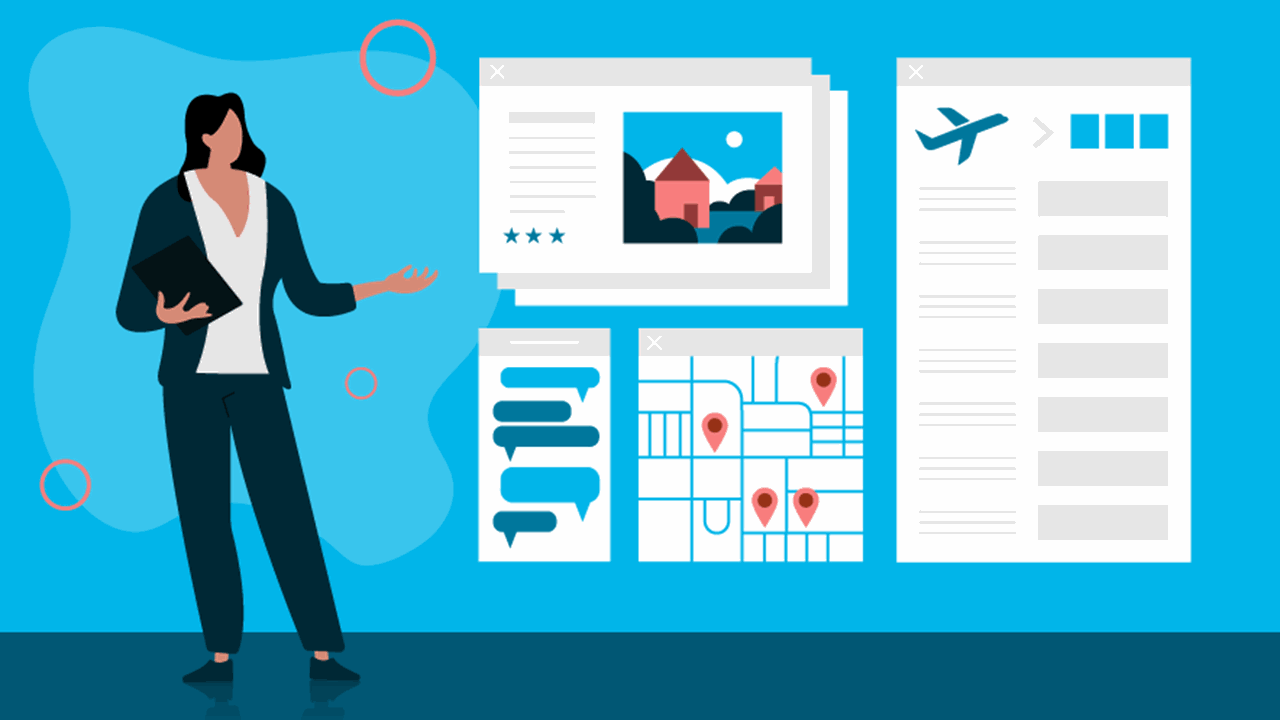 Illustration of a businesswoman pointing at multiple floating screens displaying travel and communication details.