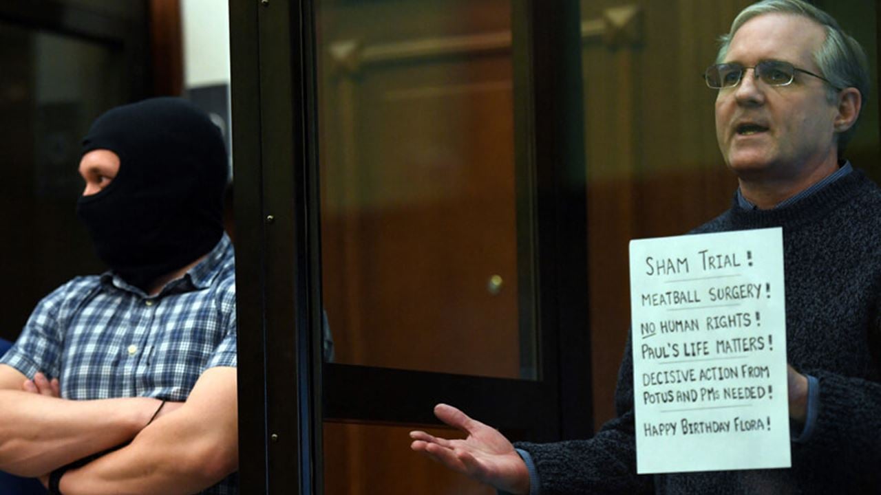 Photo of Paul Whelan, a former U.S. Marine, stood in a defendants' cage in Moscow while awaiting his verdict on June 15, 2020.