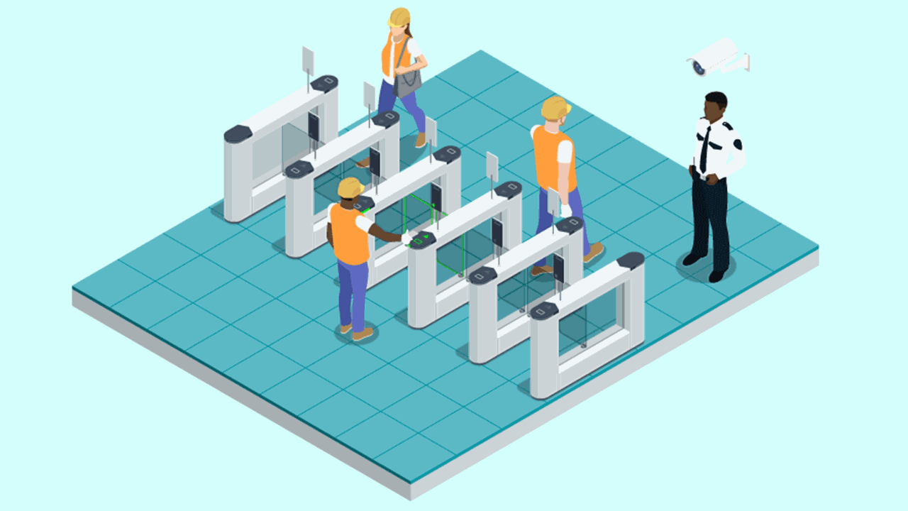 Illustration of factory staff scanning in and out of access doors. A security guard and camera stand nearby.