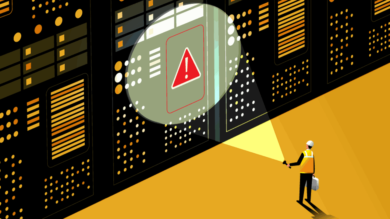 Illustration of a worker inspecting a dark data center row with a flashlight, highlighting a warning symbol on a server panel.