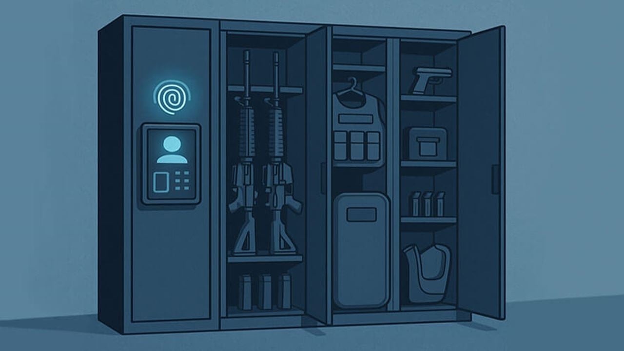 Illustration of a high-tech weapons locker with biometric fingerprint scanner, showing secure storage for rifles, handgun, tactical gear, and ammunition.