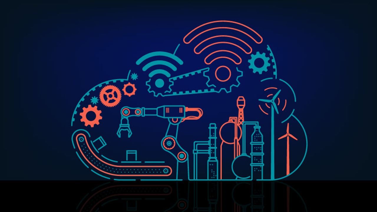 Line illustration of a factory using cloud-based automation and industrial technology systems.