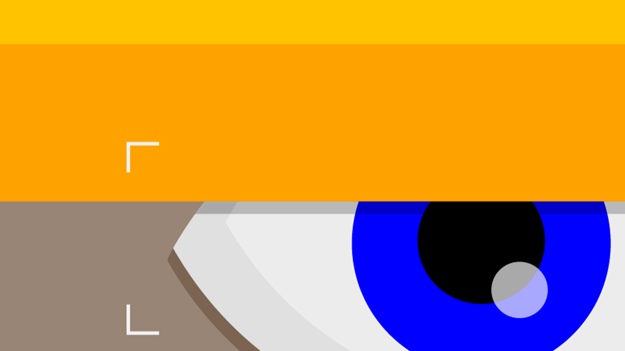 Close-up illustration of a blue eye partially covered by a yellow hard hat brim, with lines to the left indicating retinal scanning technology.