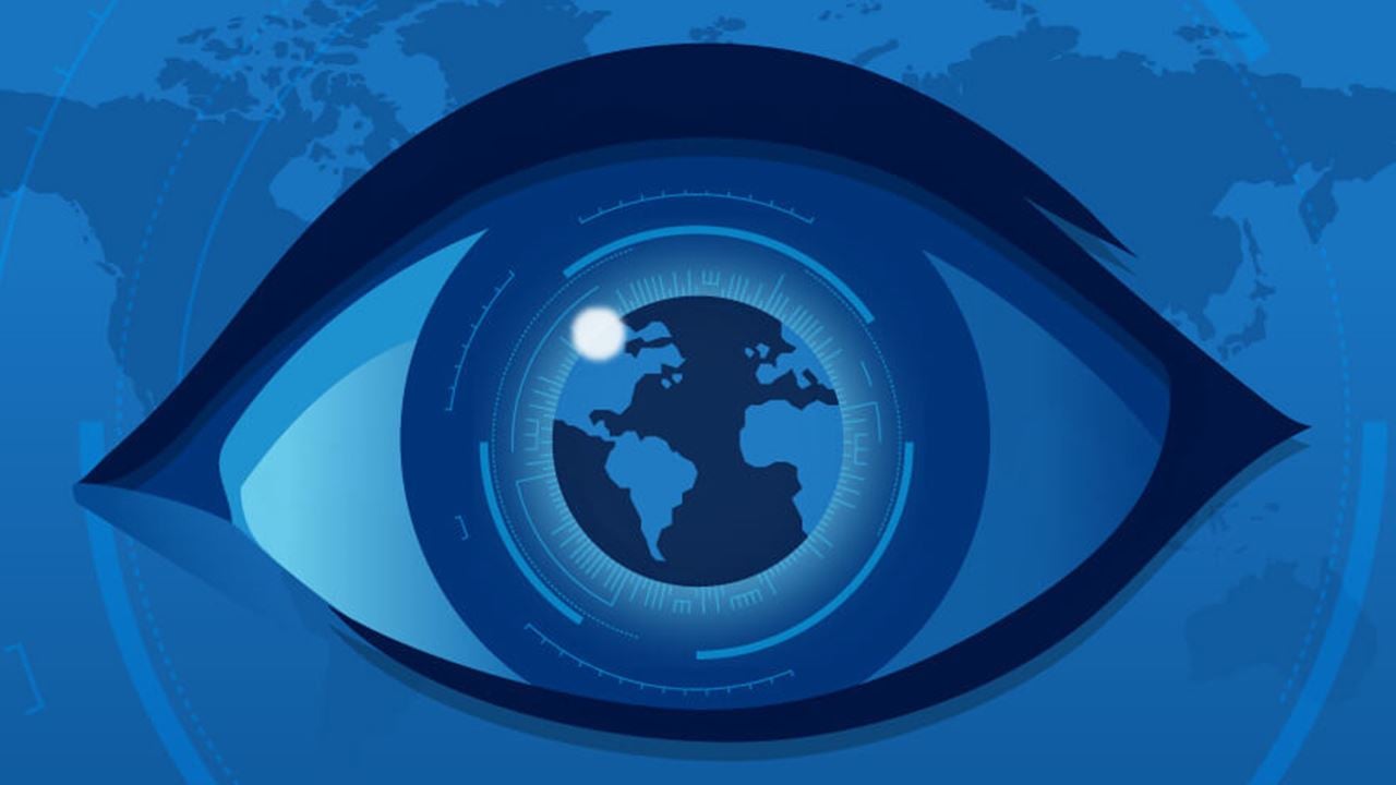 Close-up illustration of a human iris with a glowing world map embedded in the pattern, symbolizing global border control and iris biometric security technology with blue and dark blue color scheme.