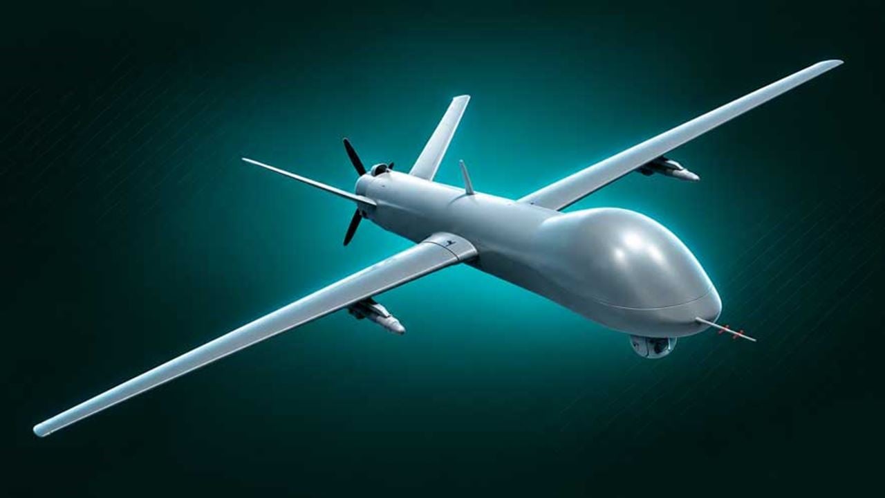 Illustration of a gray unmanned aerial vehicle (UAV) flying against a dark greenish-blue gradient sky, viewed from an angled front perspective with long wings, a rear propeller, and an electro-optical sensor beneath the nose.
