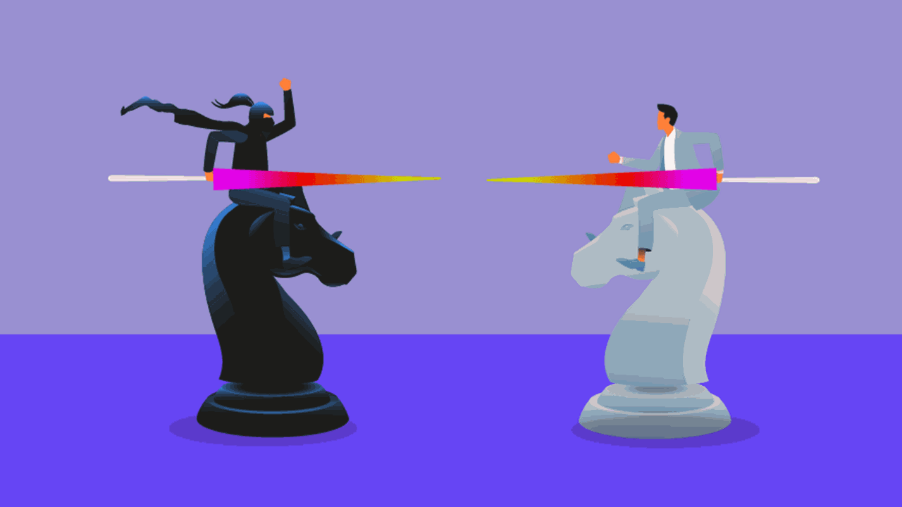 Black-and-white illustration of two business figures jousting on opposing chess knights—one dark, one light—using multicolored lances symbolizing LiDAR and multispectral sensing.