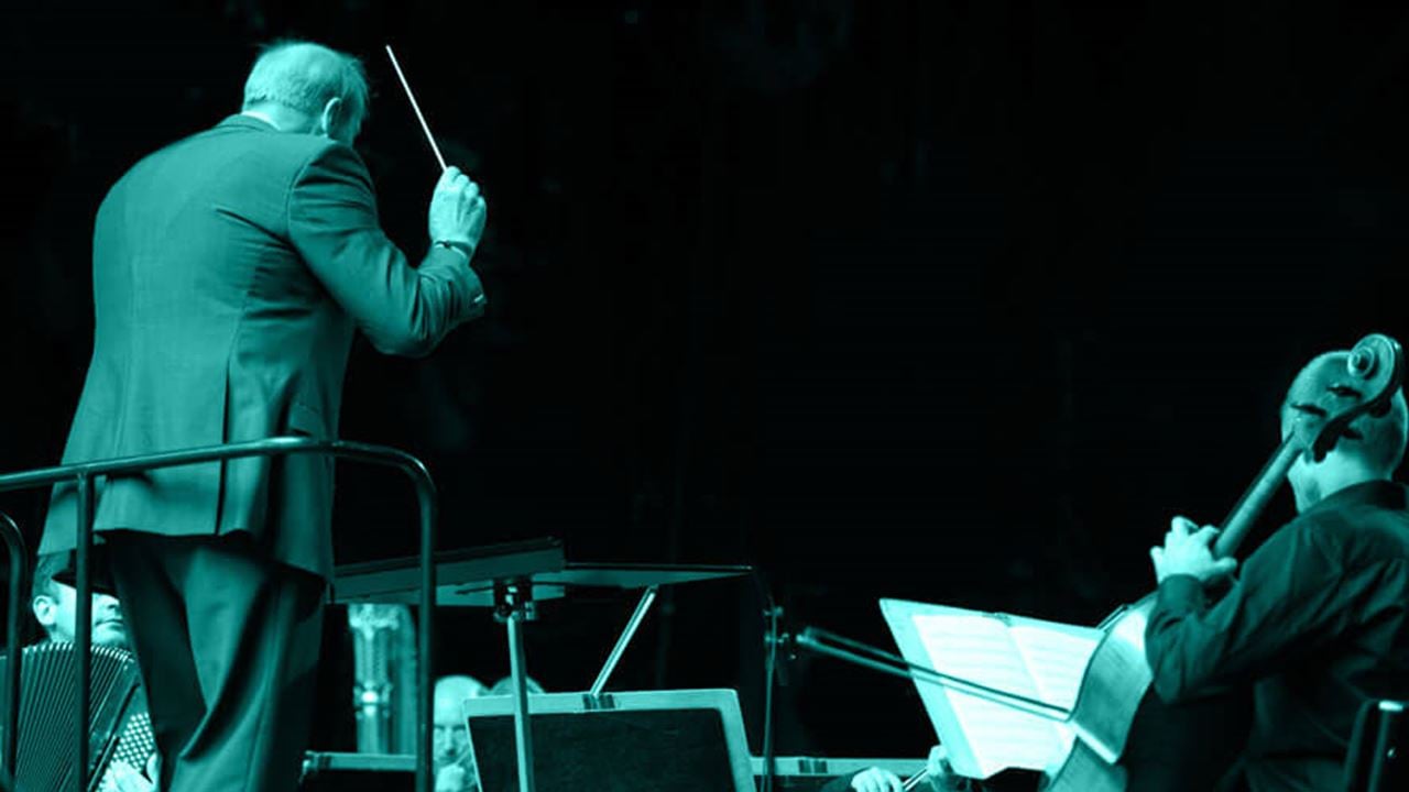 Photo of a conductor leading and orchestra from behind.